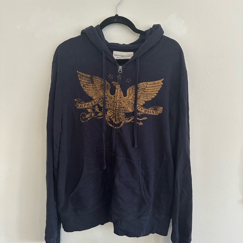 Vintage Ralph Lauren Denim & Supply Men's Navy Hoodie with Gold Eagle Design